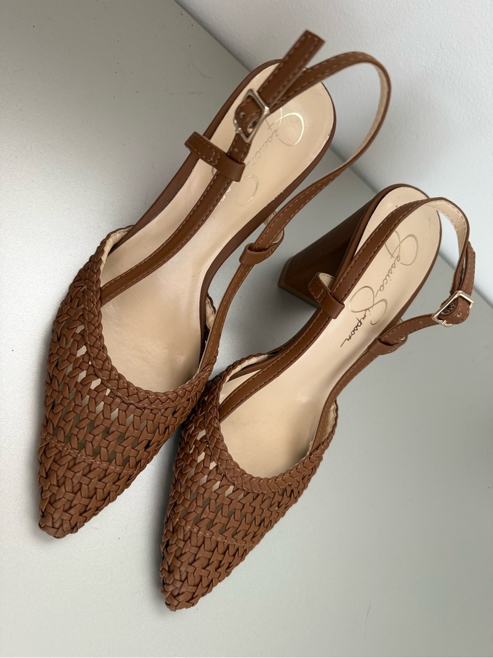 Jessica Simpson Nyara Brown Woven Slingback Heels Size 7